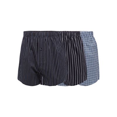 The Collection Pack of three navy striped and checked woven boxers